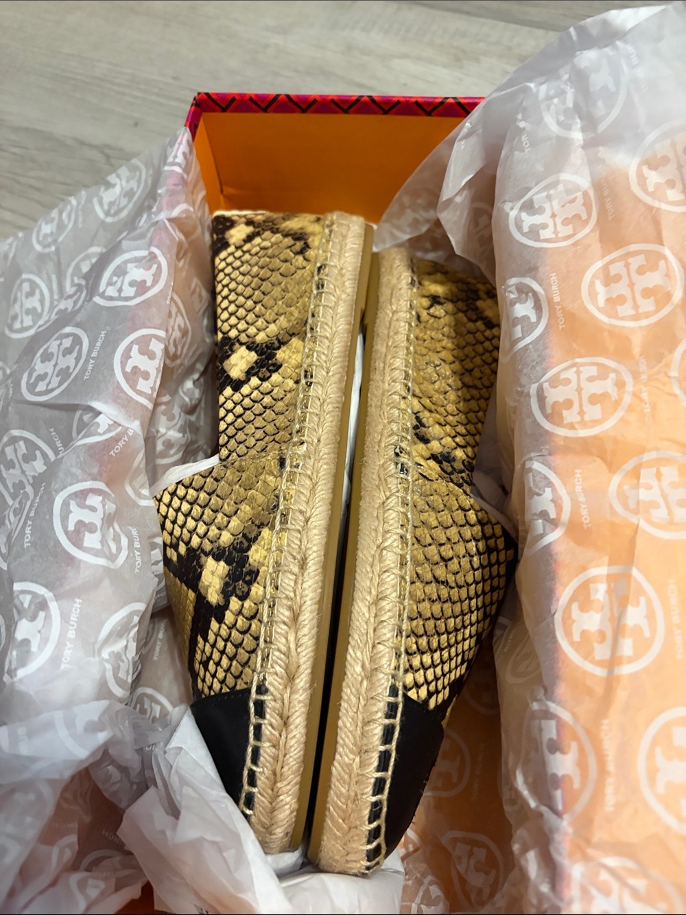 Tory Burch Yellow and Black Snake-Print Espadrille Slip-Ons